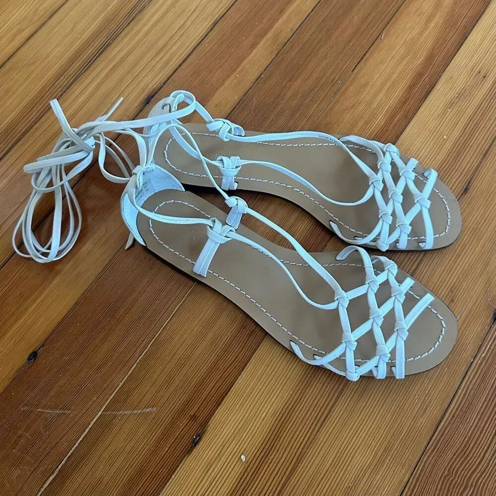 J. Crew RARE Zadie Knotted Woven Lace-Up Flat Sandals in White Size 7